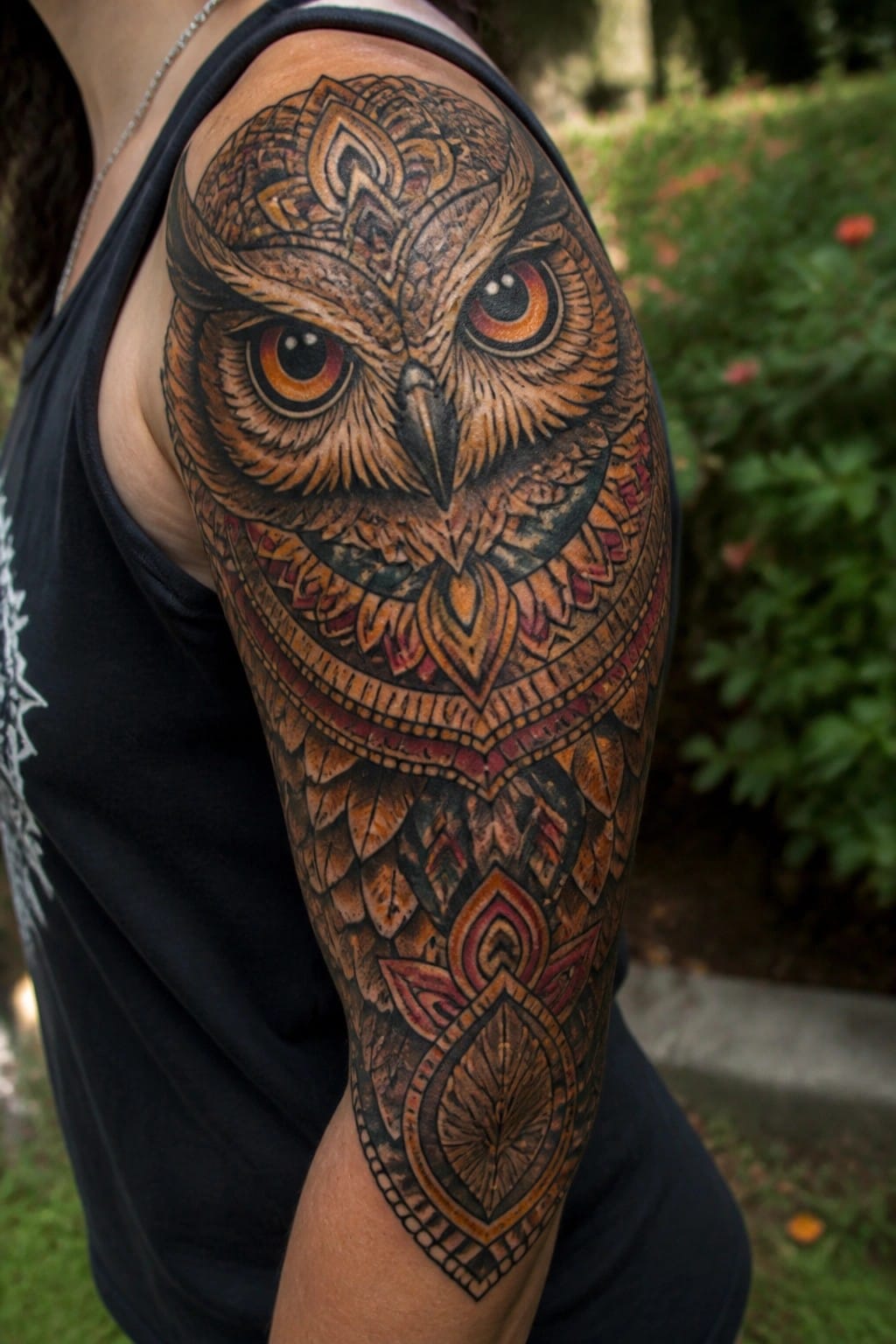 Large ornate owl tattoo in browns and oranges on shoulder of person in black tank top.