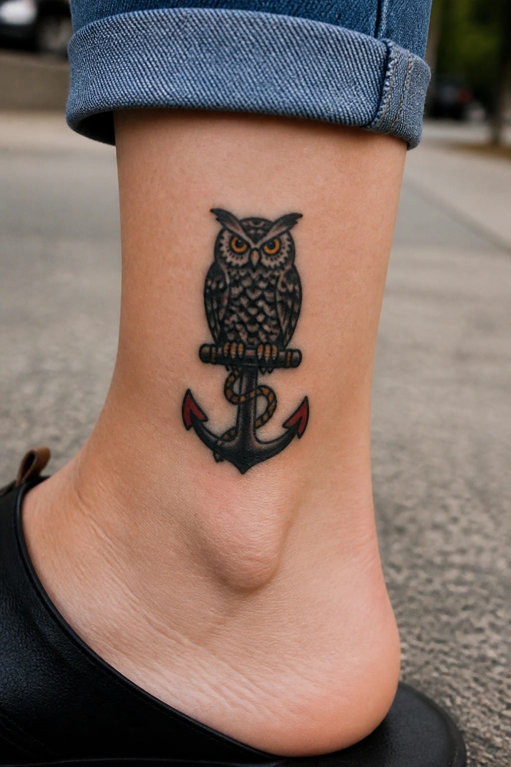 Owl perched on anchor tattoo on ankle below rolled blue jeans.