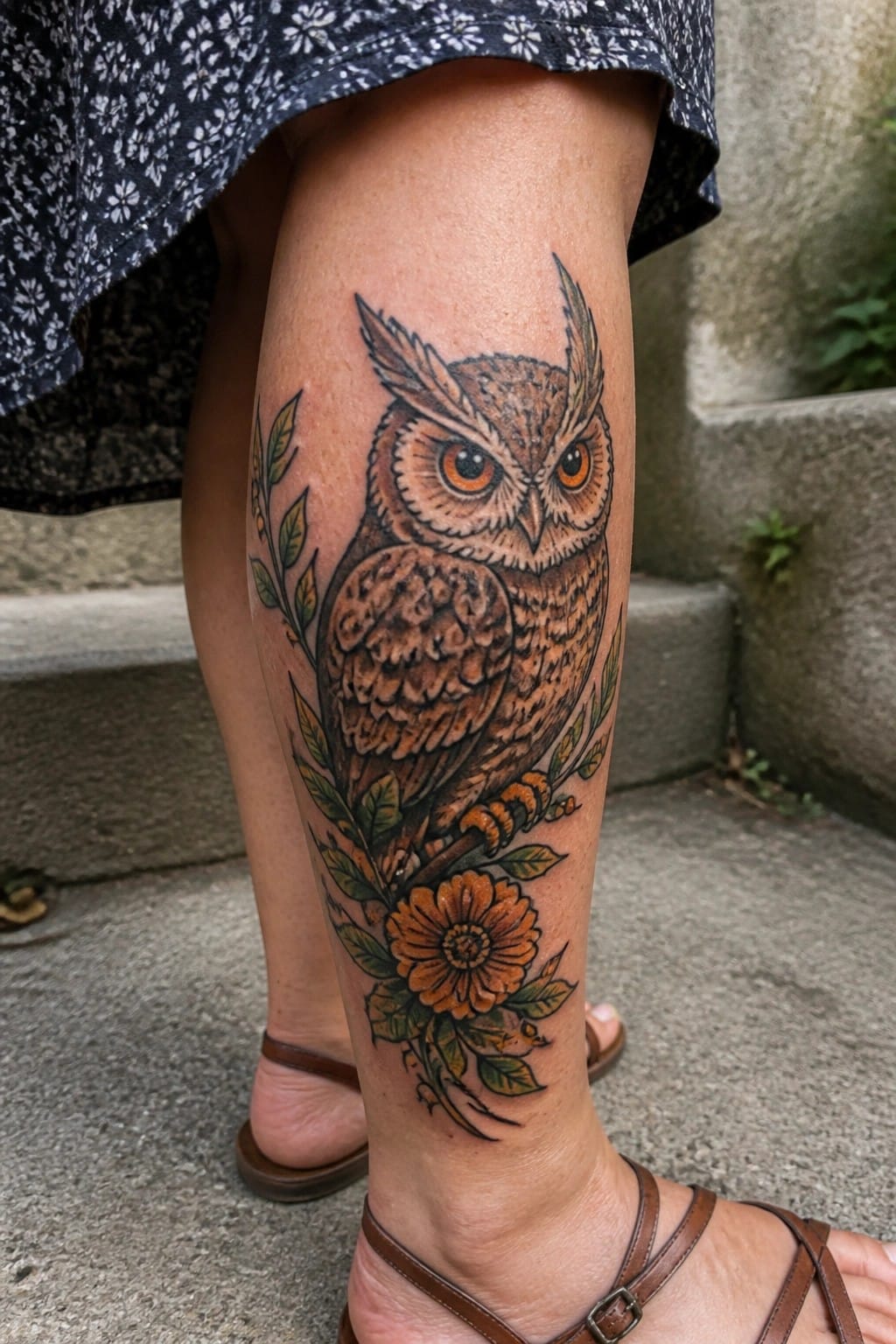 Realistic brown owl tattoo with orange eyes and flowers on calf