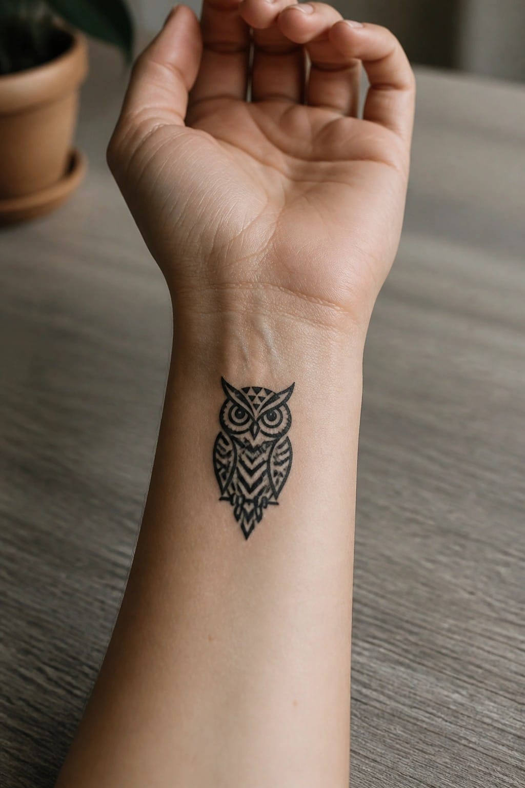 Palm-up hand with black geometric owl tattoo on inner wrist