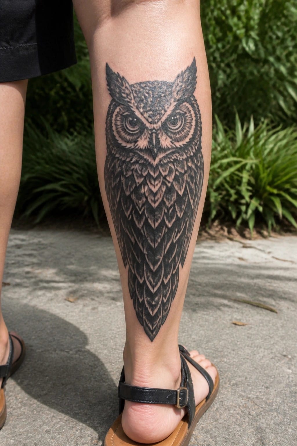 Large black and grey realistic owl tattoo covering the lower leg of a woman, with detailed feathers and shading visible from the front.