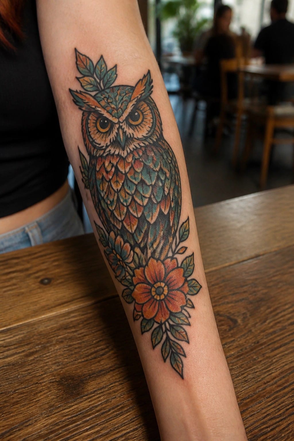 Colorful owl tattoo with orange flowers and teal leaves on forearm in cafe