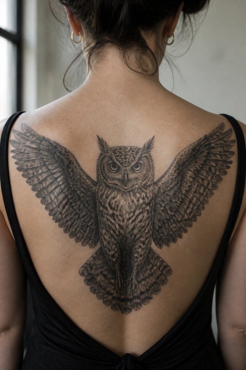 A realistic black and gray owl tattoo with wings spread across the upper back of a woman.