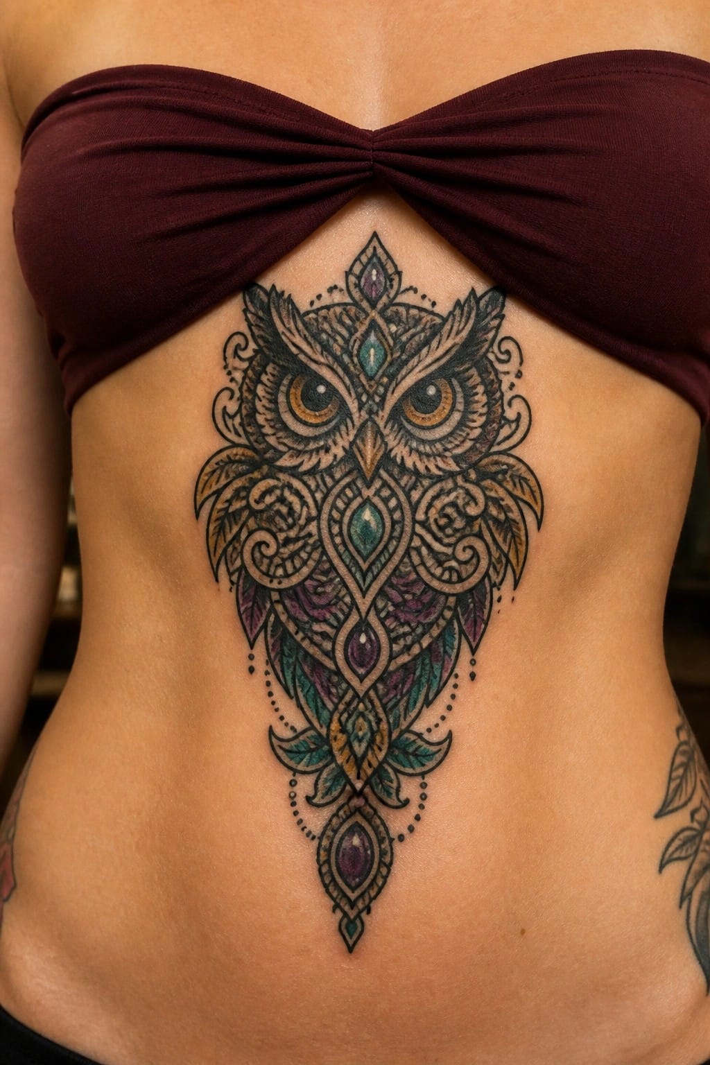 Ornate owl tattoo with gem details placed vertically on the sternum and extending toward the lower abdomen
