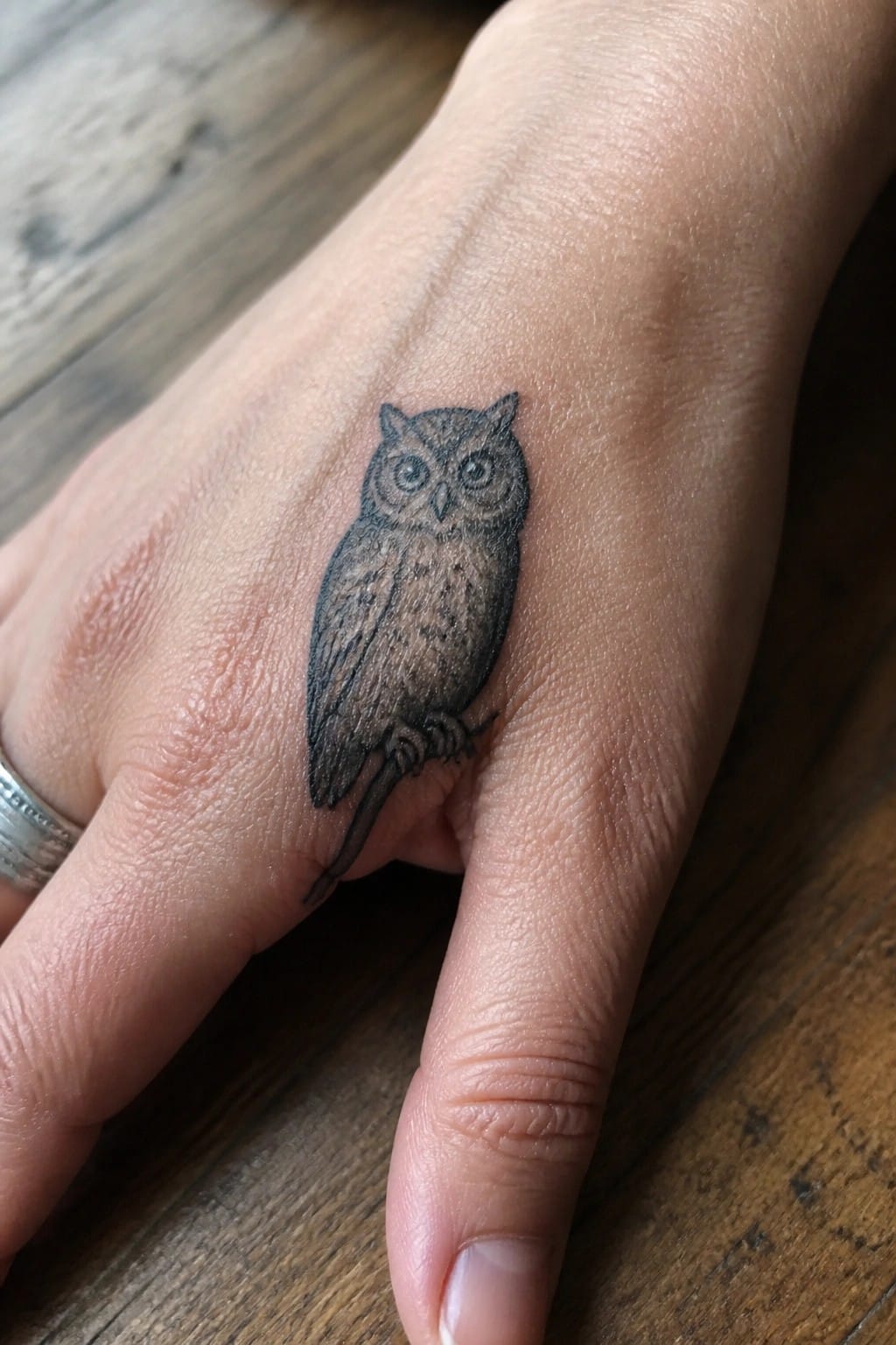 Detailed black owl tattoo on hand with silver ring, resting on wood.