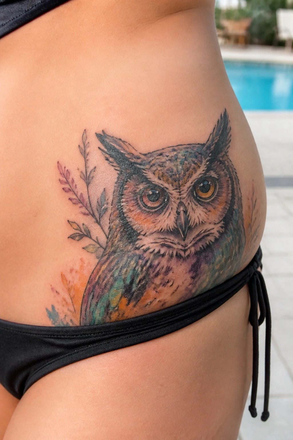 Colorful owl tattoo with leaves on hip above black bikini near pool