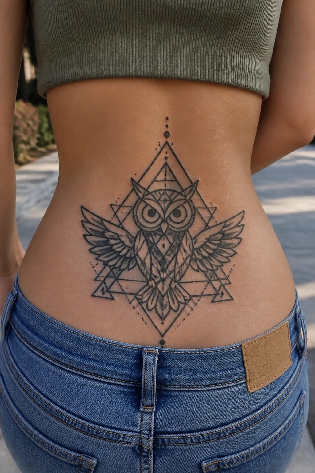 Geometric owl tattoo on lower back between green crop top and blue jeans.