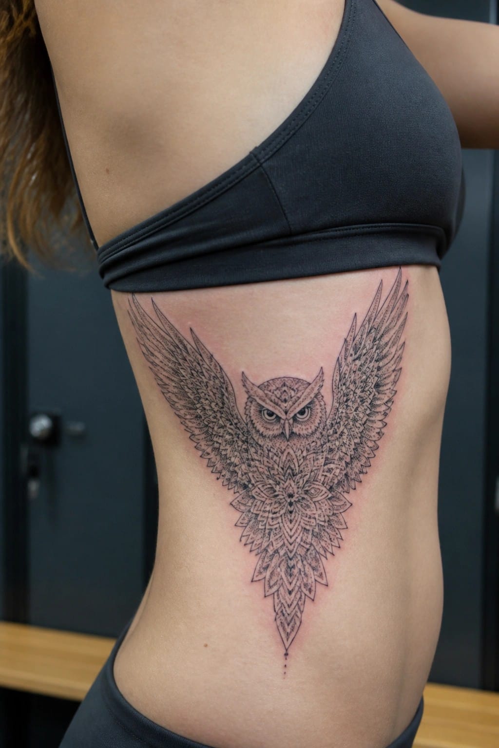 Woman in black sports bra with large intricate mandala owl tattoo on side