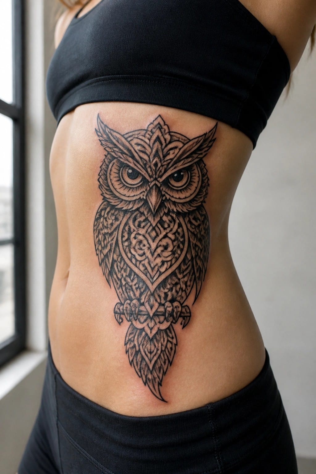 Large black and grey ornamental owl tattoo on a woman's side torso, extending from under the arm toward the waist.