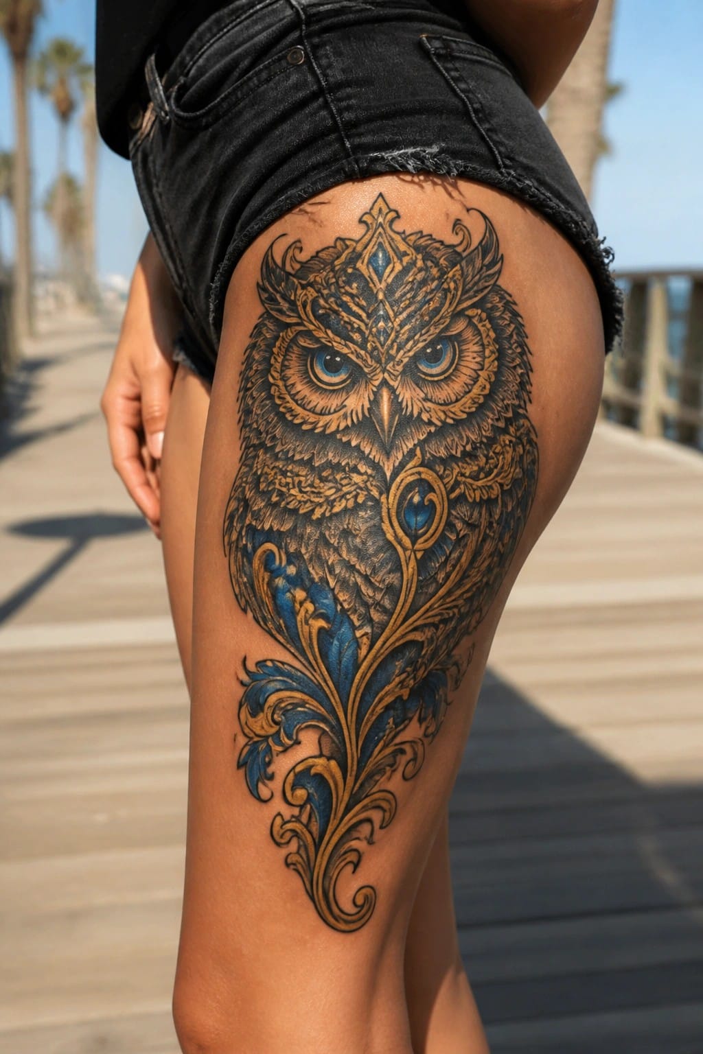 Large ornate owl tattoo on a woman's upper thigh with blue eyes, gold accents, and flowing decorative patterns extending down the leg.