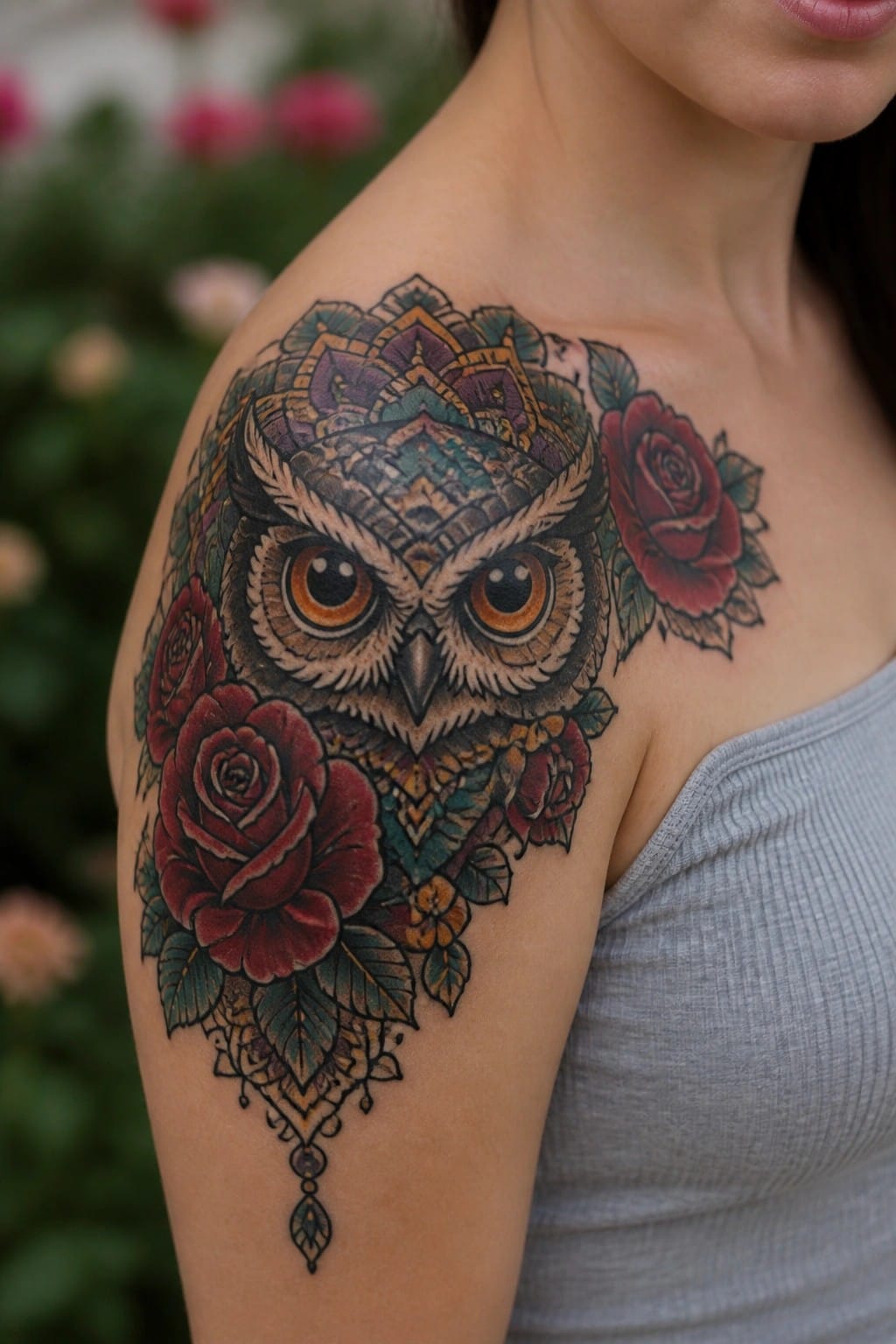 Intricate colorful mandala owl tattoo with red roses on a shoulder in gray top