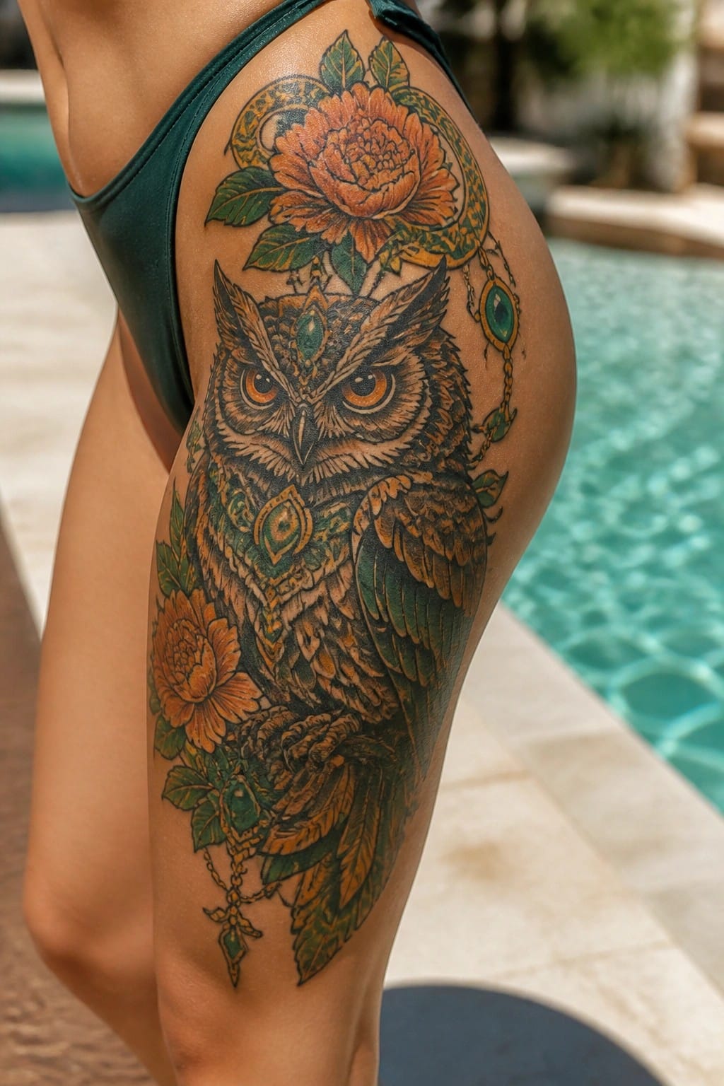 Vibrant owl and flower tattoo on thigh in green swimsuit by pool.