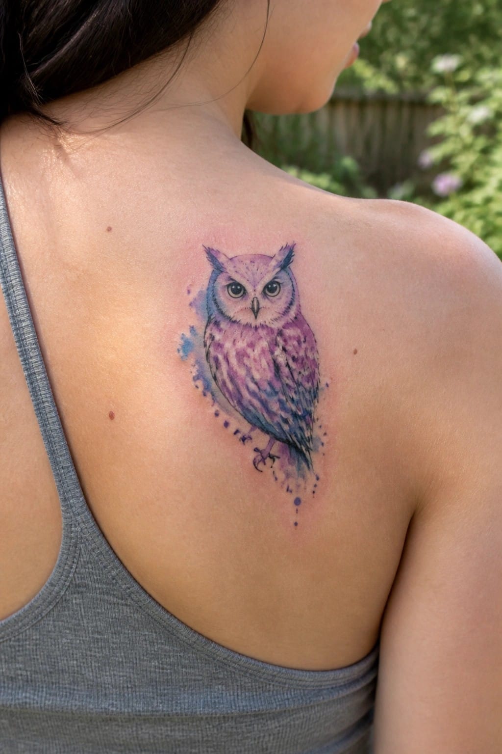 Watercolor owl tattoo in purple and blue tones placed on a woman's upper back shoulder blade with soft paint splashes around the edges.