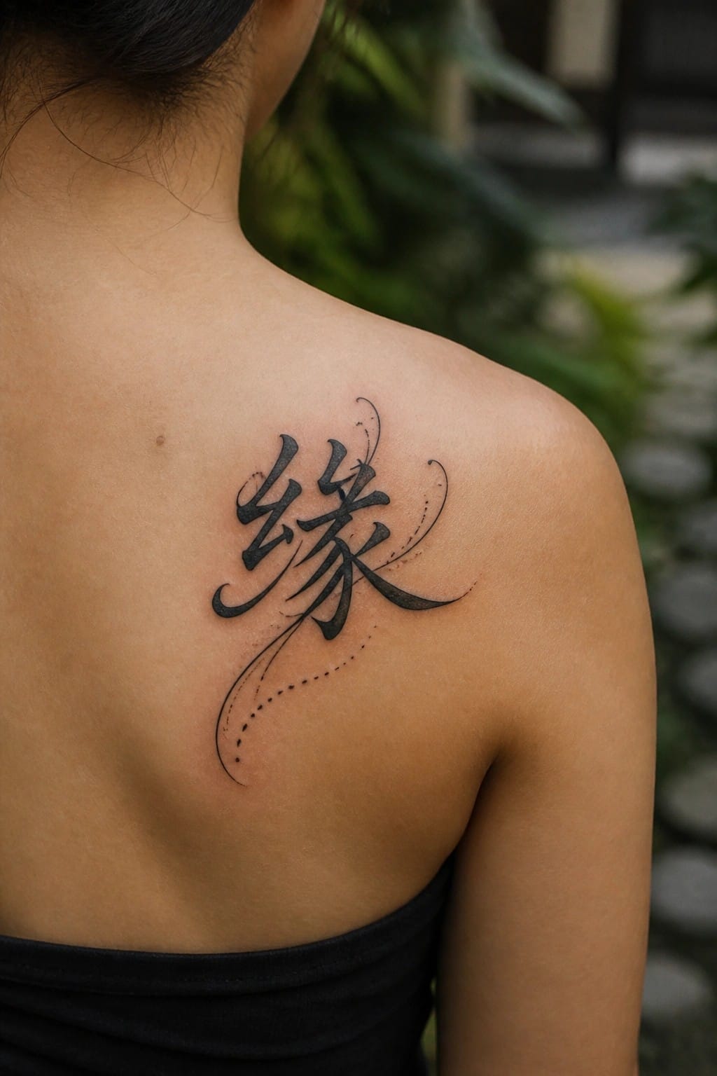 Chinese calligraphy tattoo of the character for fate on a woman's upper shoulder with flowing strokes and dotted accents