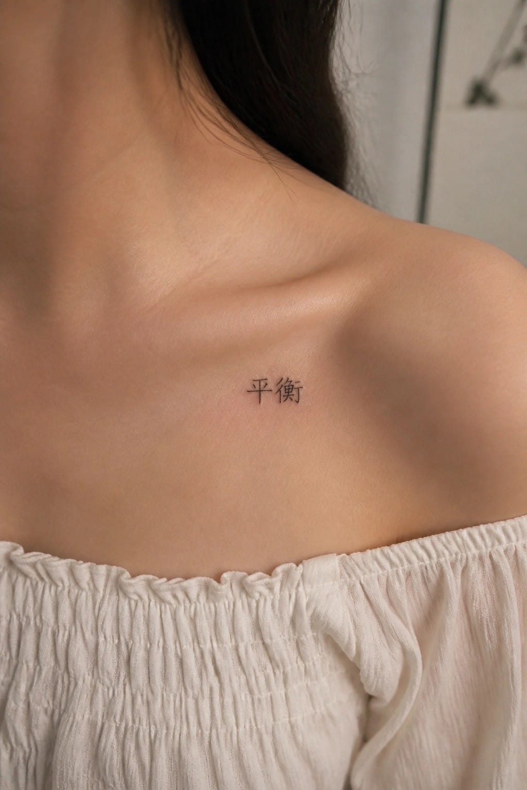 Shoulder with black Chinese '平衡' tattoo on fair skin above white off-shoulder top