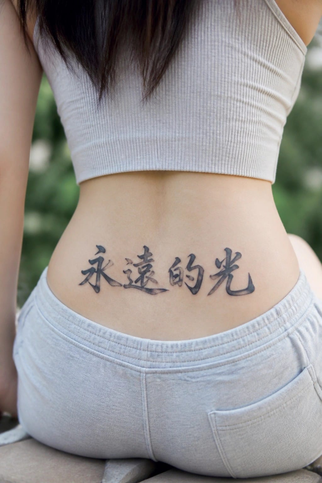 Woman with Chinese characters tattooed across her lower back in black script above gray sweatpants.