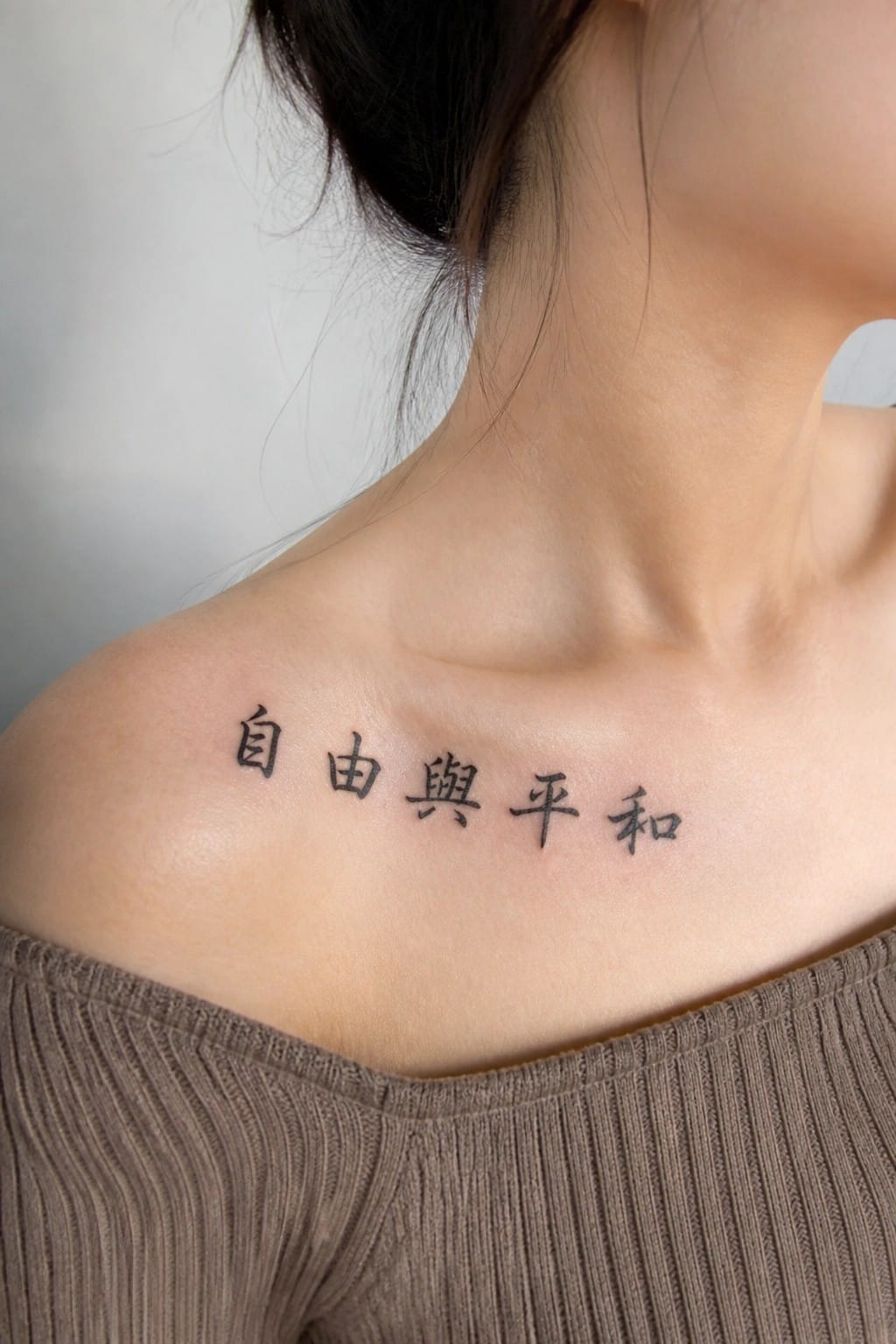 Chinese characters tattoo reading freedom and peace on a woman's shoulder in simple black script