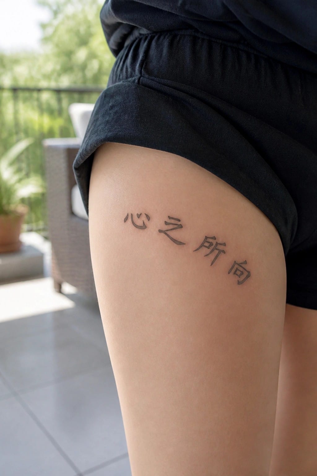 Chinese characters tattooed on thigh beneath black shorts on sunny balcony