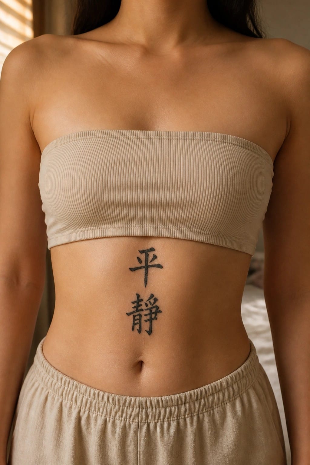 Torso in beige tube top with black Chinese characters tattoo on stomach