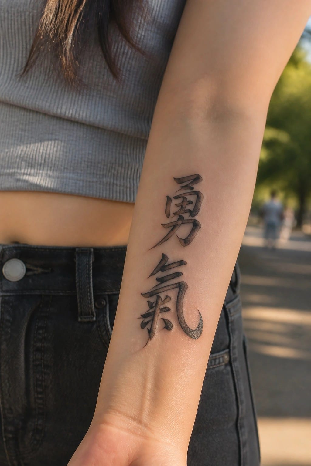Close up of a vertical Chinese script tattoo on a woman's inner forearm showing two bold black characters.
