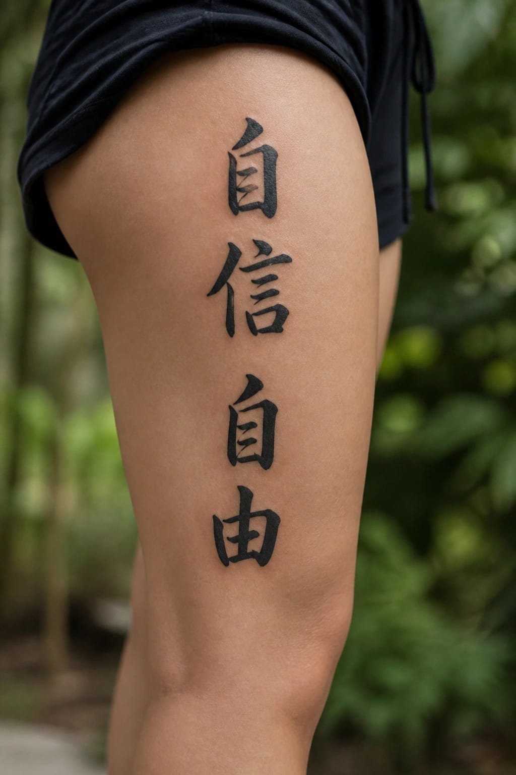 Vertical black Chinese character tattoo on thigh with black shorts and blurred greenery