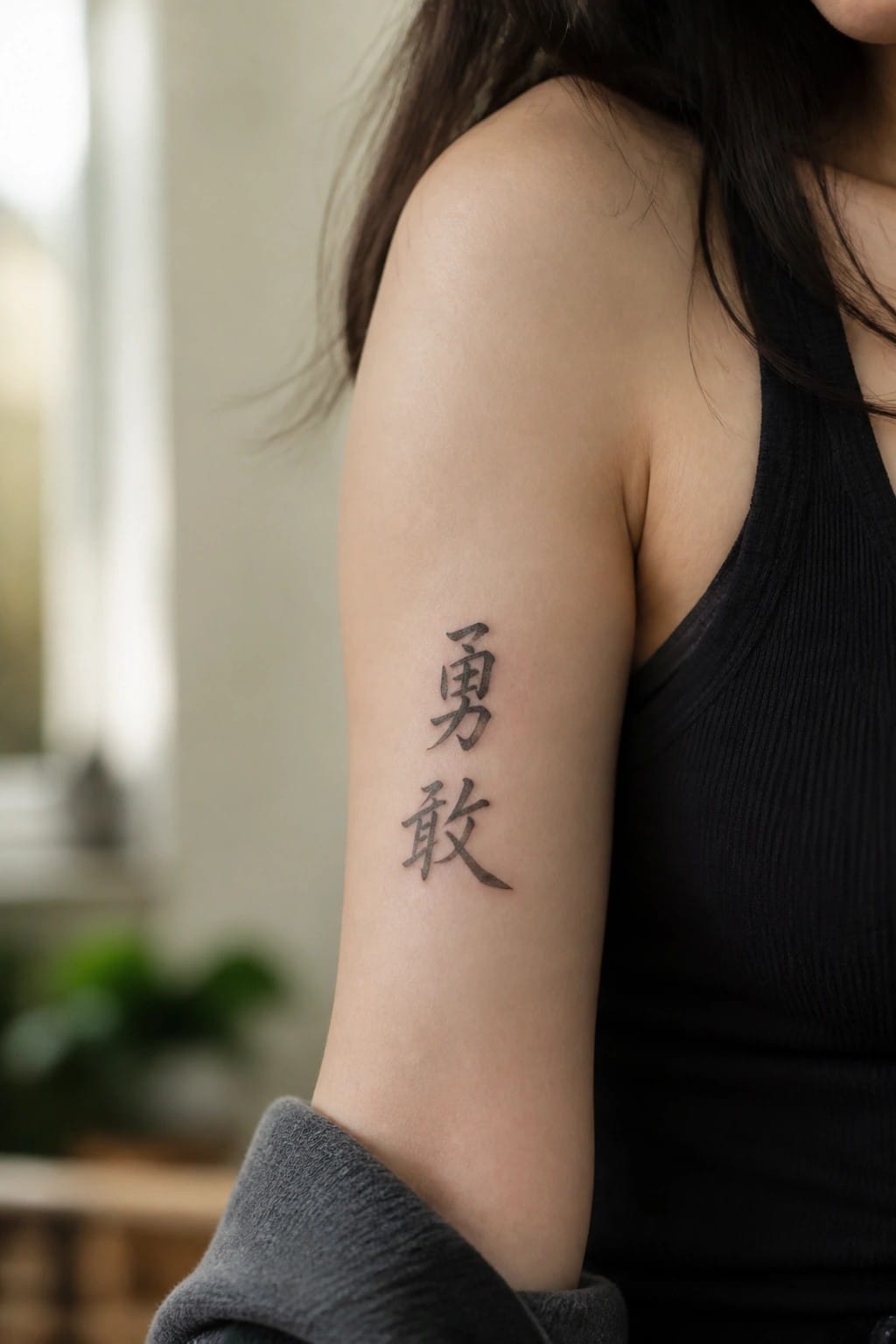 Woman's upper arm with vertical black Chinese tattoo, wearing black tank top.