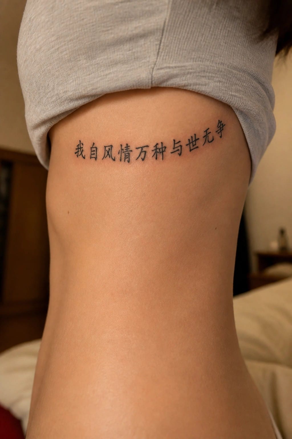 Black Chinese characters tattooed on lower back under lifted gray shirt