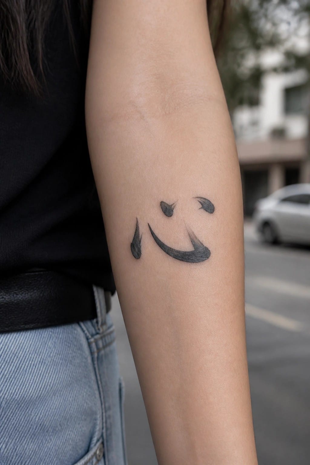 Black brush-stroke smiley tattoo on forearm beside blue jeans and black top.