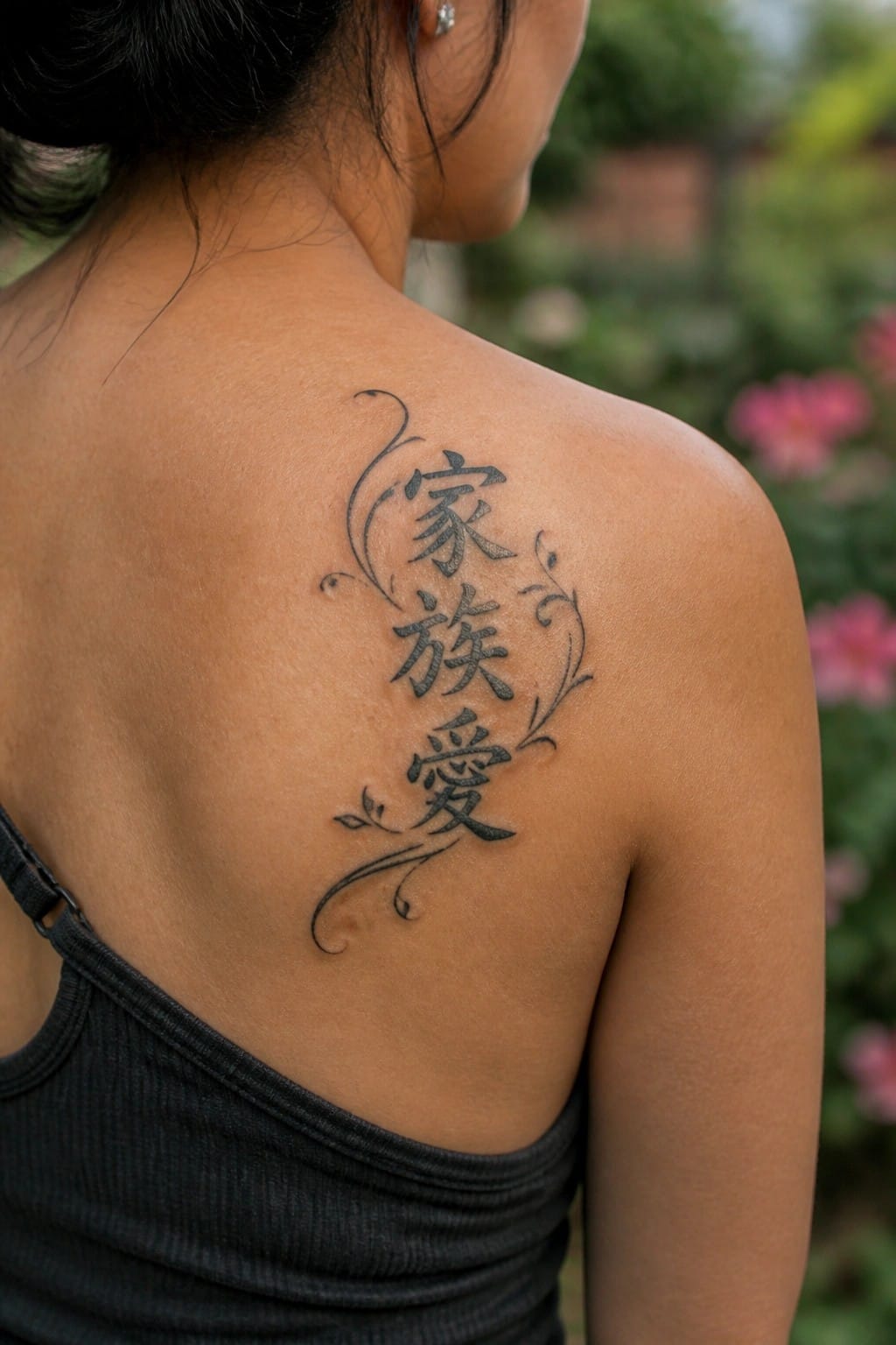 Woman's upper back with black Chinese character tattoo and floral swirls