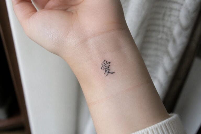 22 Chinese Script Tattoo Ideas for Women Focused on Elegant Lettering Close-up of a wrist with a small black Chinese character tattoo.