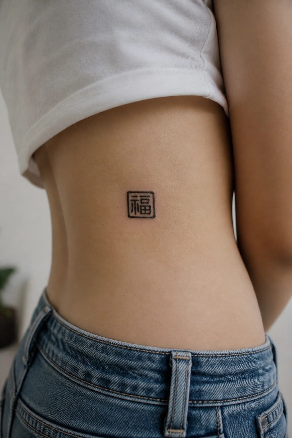 Closeup of square Chinese symbol tattoo on midsection above blue jeans under lifted white shirt.