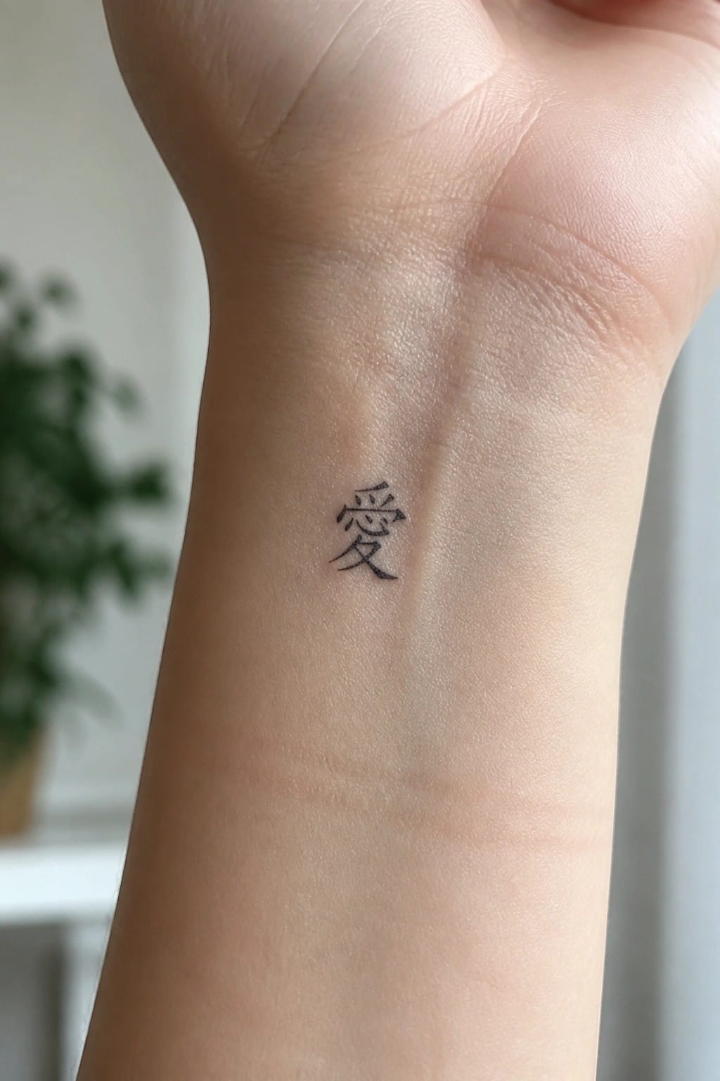 Close-up of a wrist with a small black Chinese character tattoo.