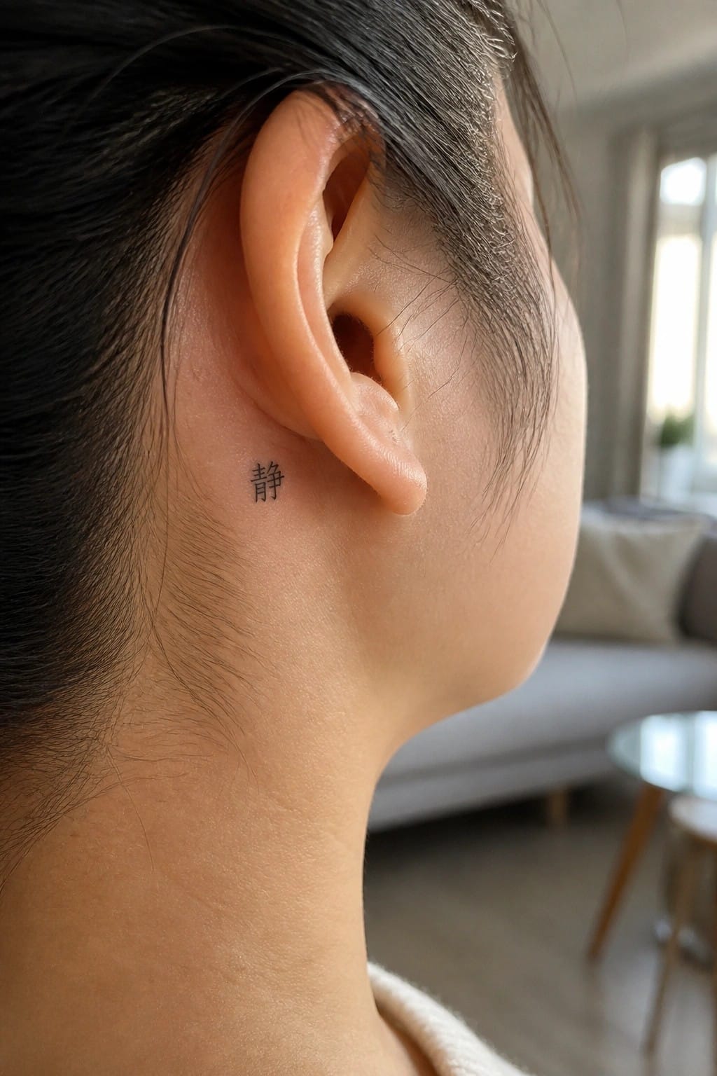 Close-up of small black Chinese tattoo behind a person's ear with dark hair