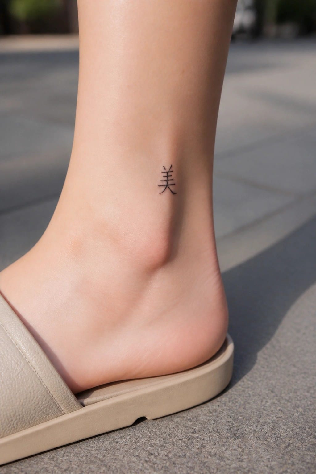 Foot in beige slide sandal with small Chinese character tattoo on ankle.