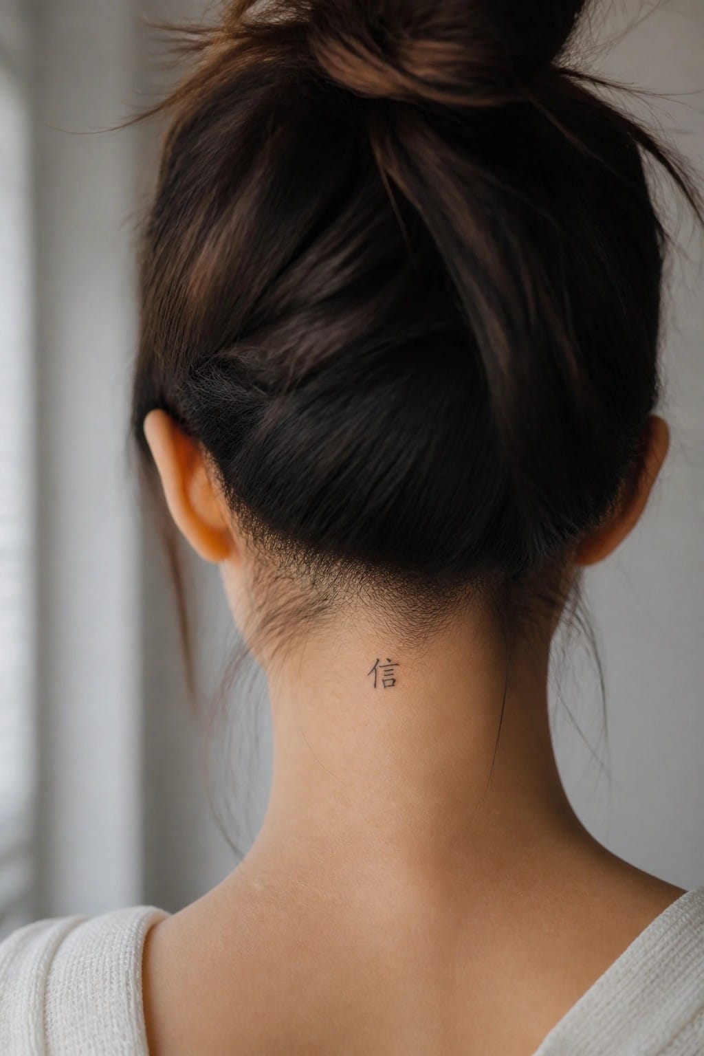 Dark hair in a messy bun with small neck tattoo above white top