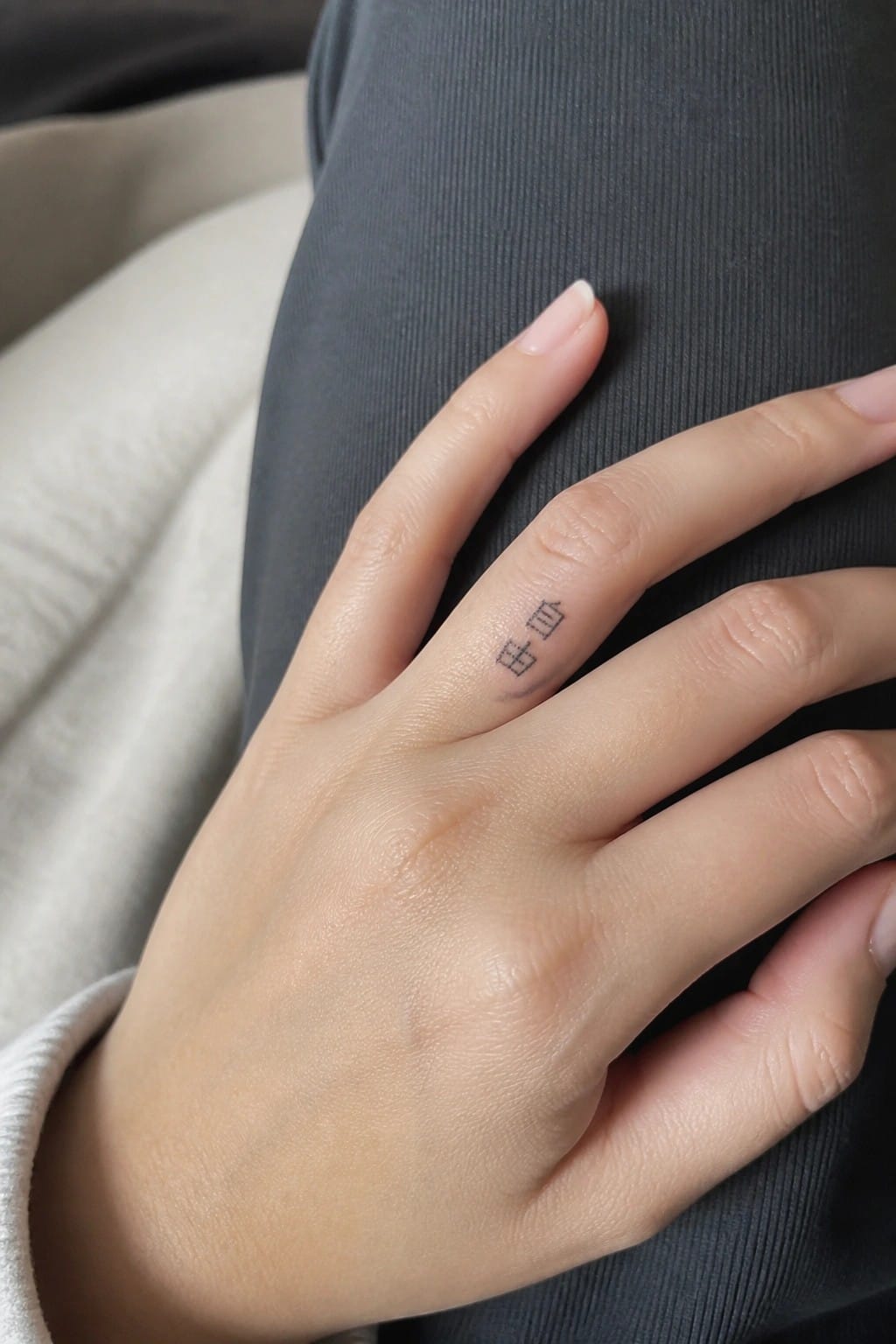 Hand with small black tattoo on ring finger resting on gray fabric