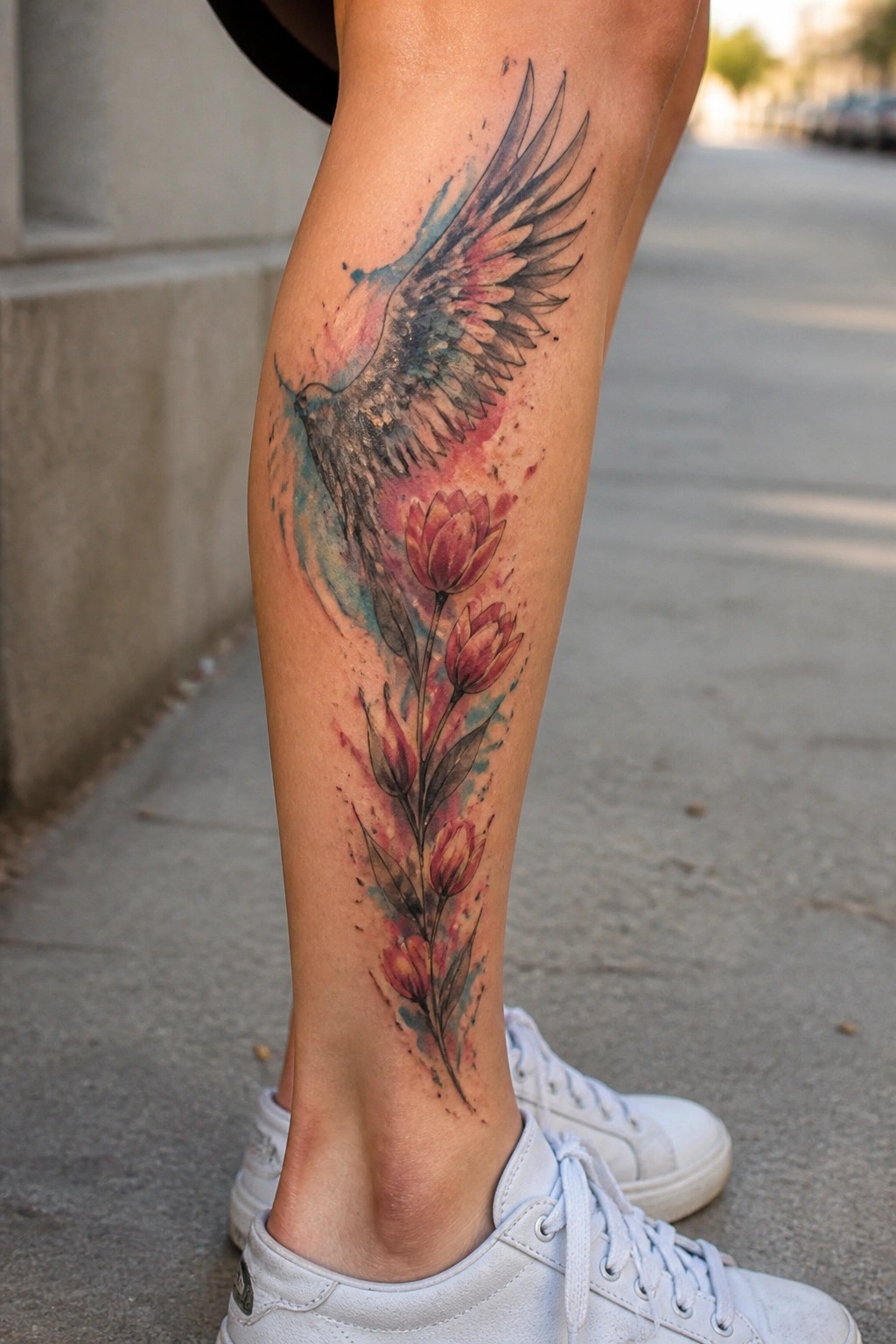 Watercolor tattoo of flying bird above red tulips on leg with white sneakers.