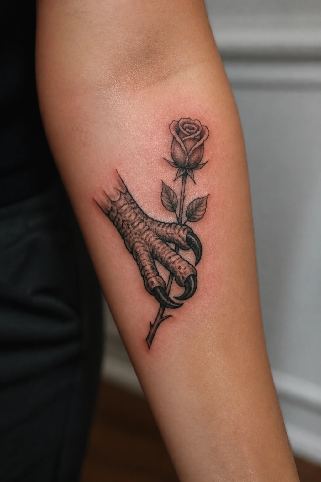 Black and gray tattoo of bird claw gripping rose stem on arm