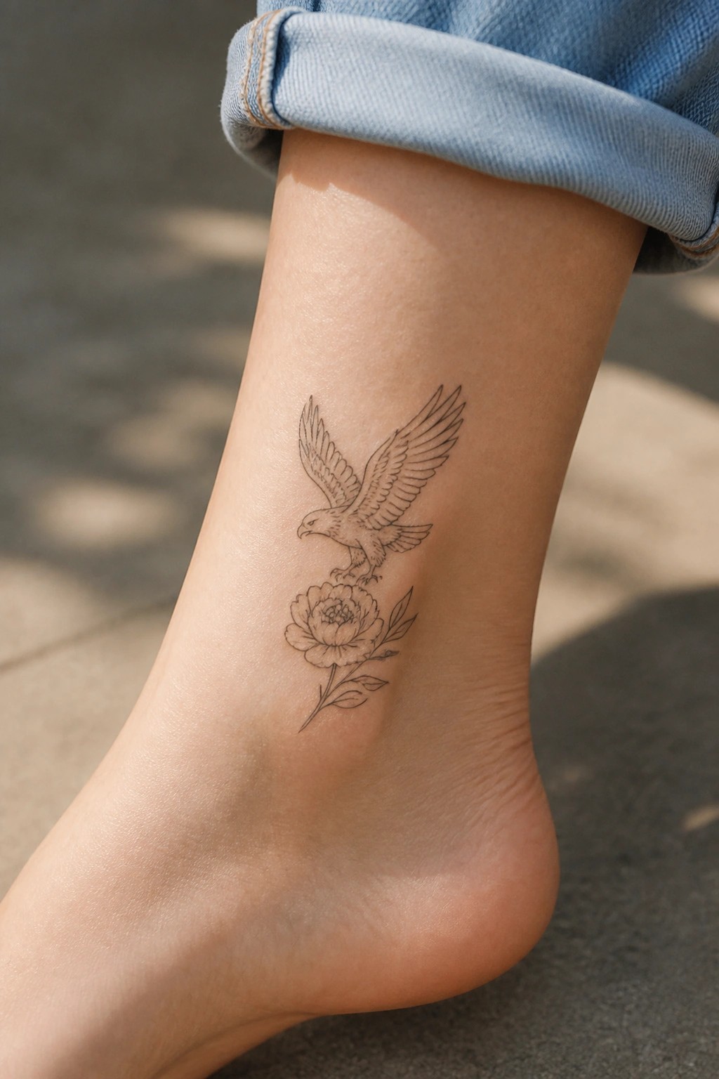 Black line tattoo of eagle over peony on ankle with rolled blue jeans