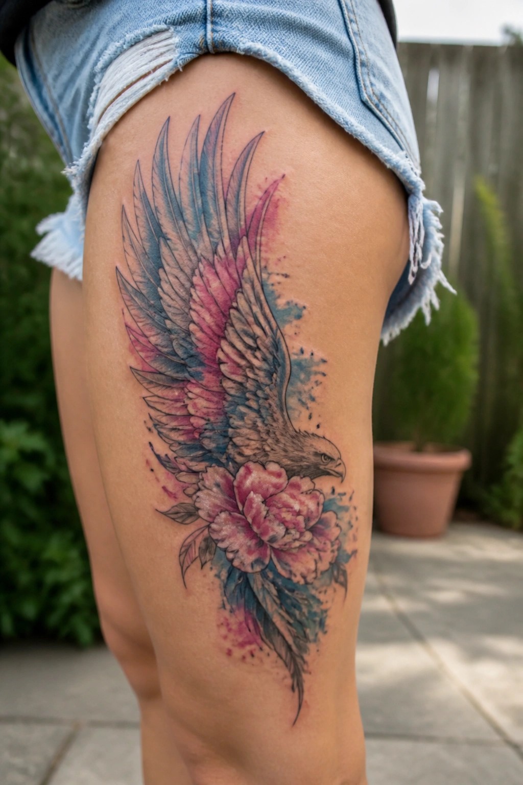 Watercolor eagle tattoo with pink flowers on thigh under frayed denim shorts