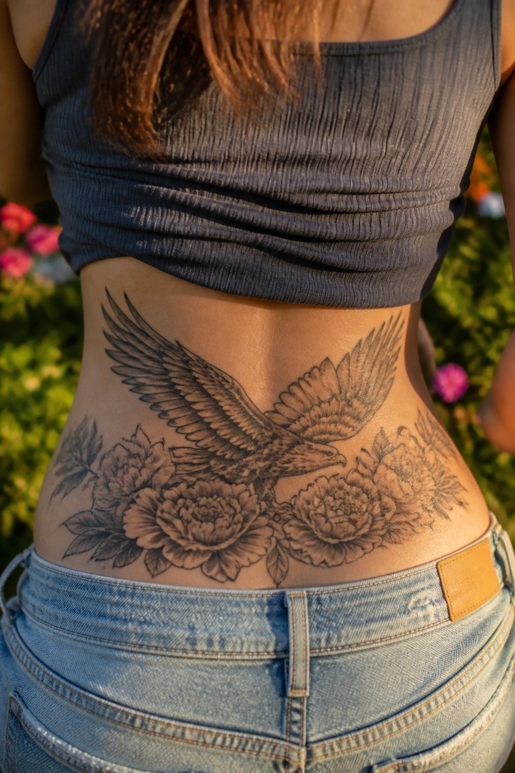 Woman's lower back with large eagle and flower tattoo above blue jeans and crop top