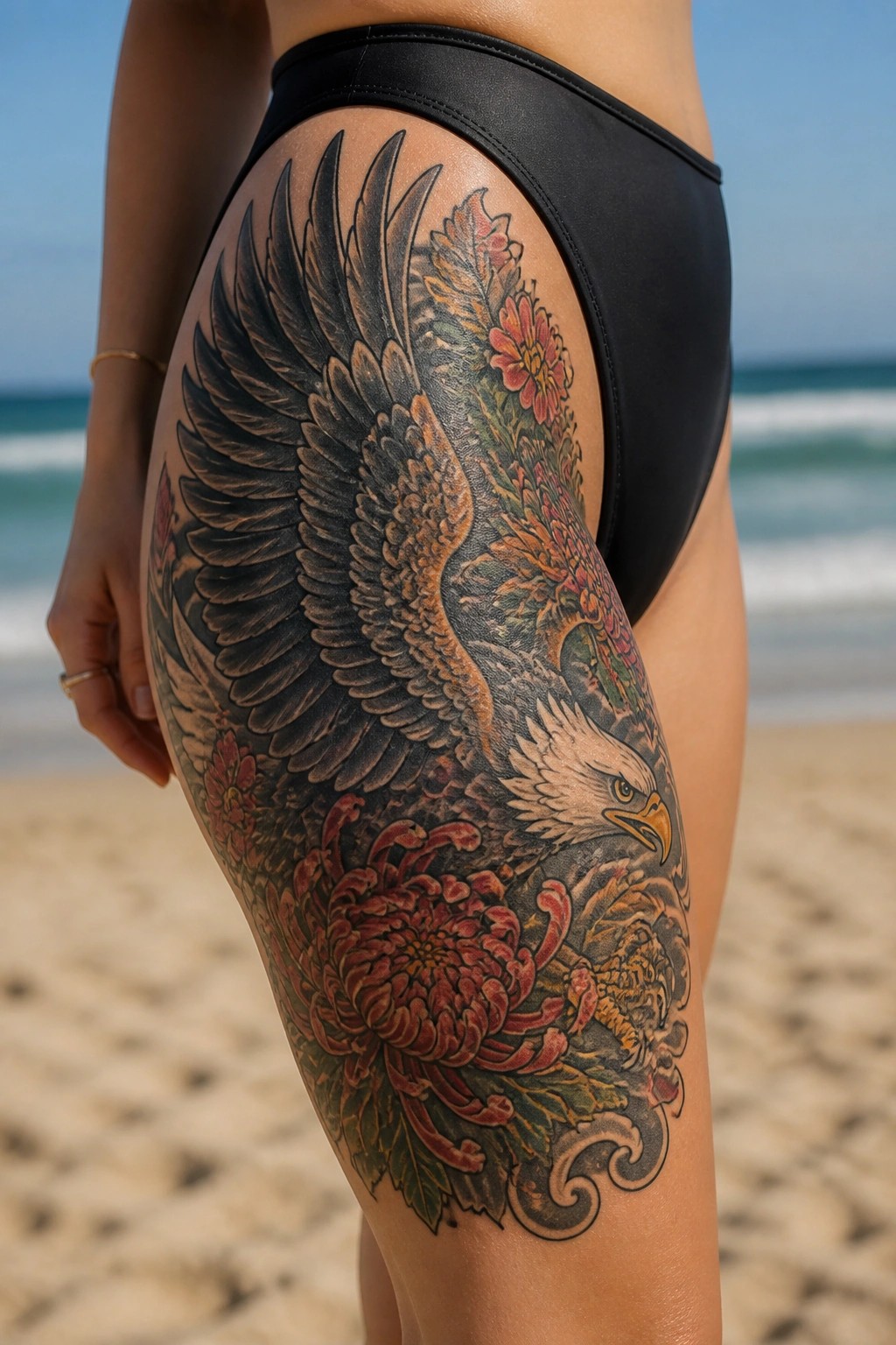Large realistic eagle tattoo with spread wings and red flowers covering a woman's upper thigh on the beach