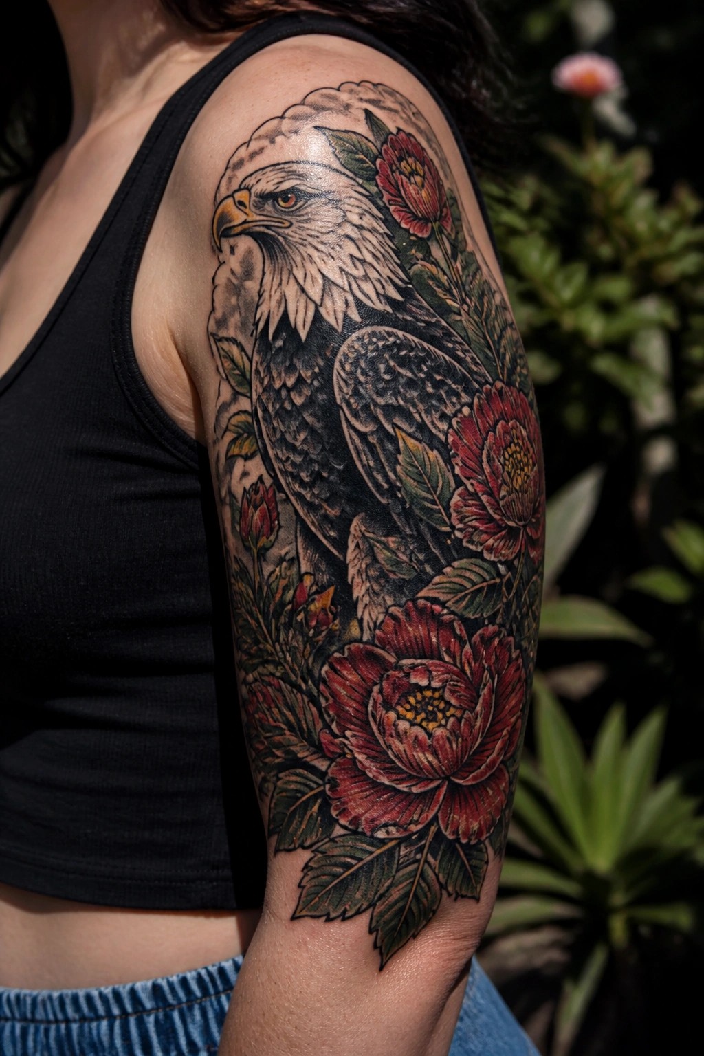 Realistic tattoo of a bald eagle with red peonies covering a woman's upper arm and shoulder