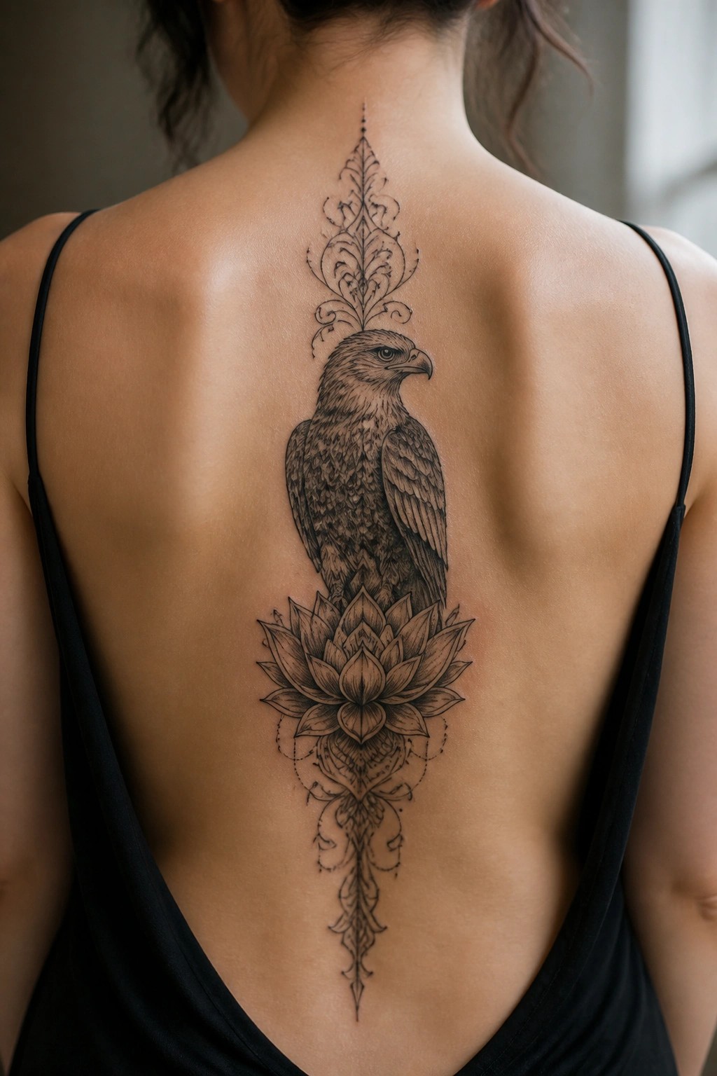 Woman's back in black top with large eagle and lotus spine tattoo.