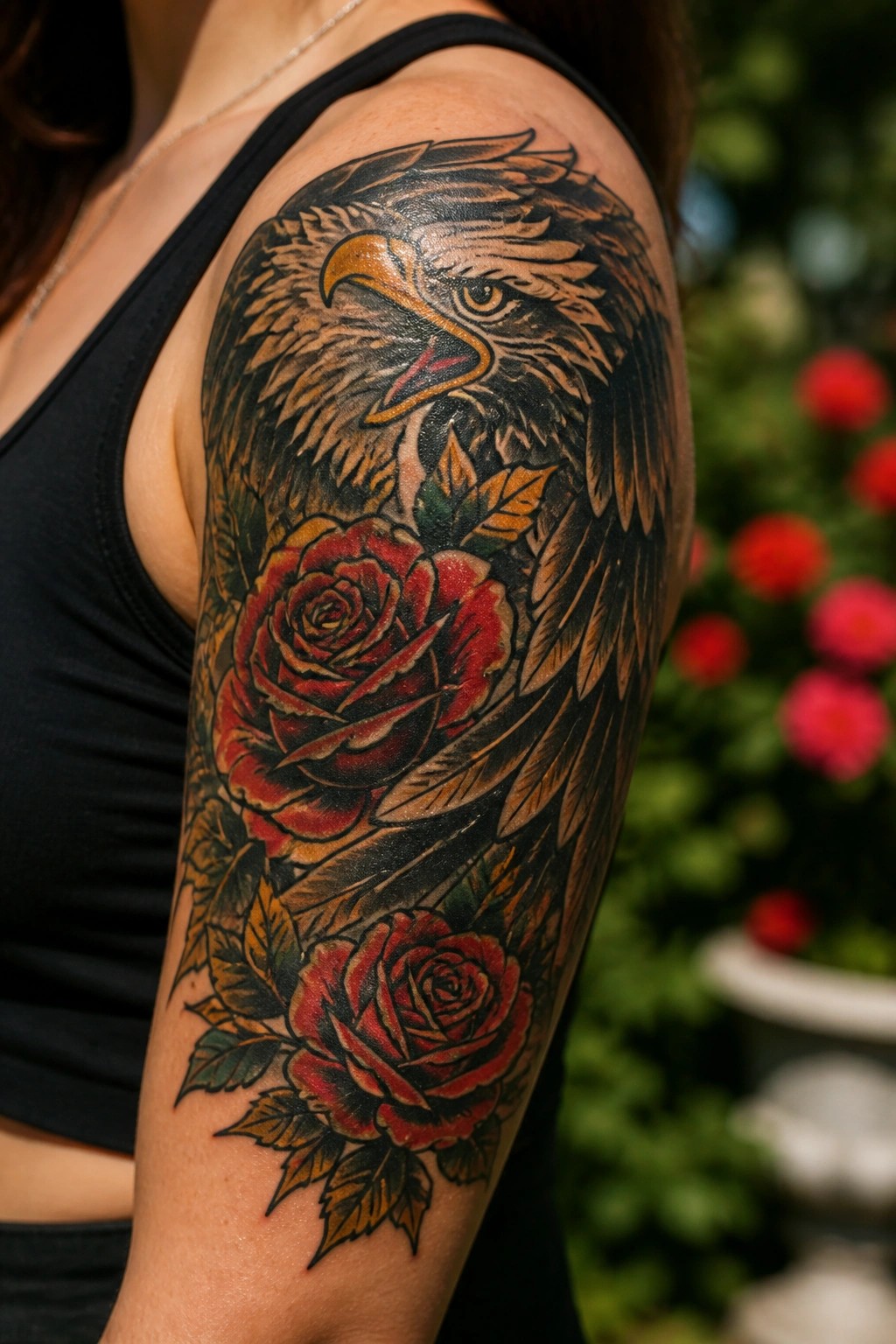 Woman's shoulder with large eagle and red rose tattoo over black tank top