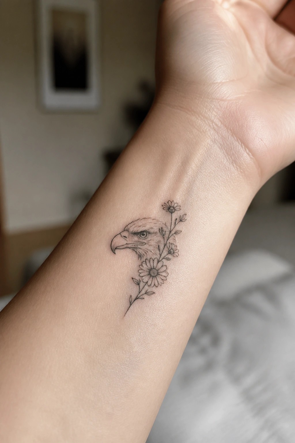 Eagle head tattoo with daisies and stems on inner wrist