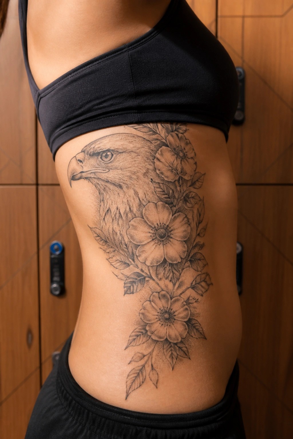 Black and gray eagle head tattoo with flowers trailing down the side of a torso.