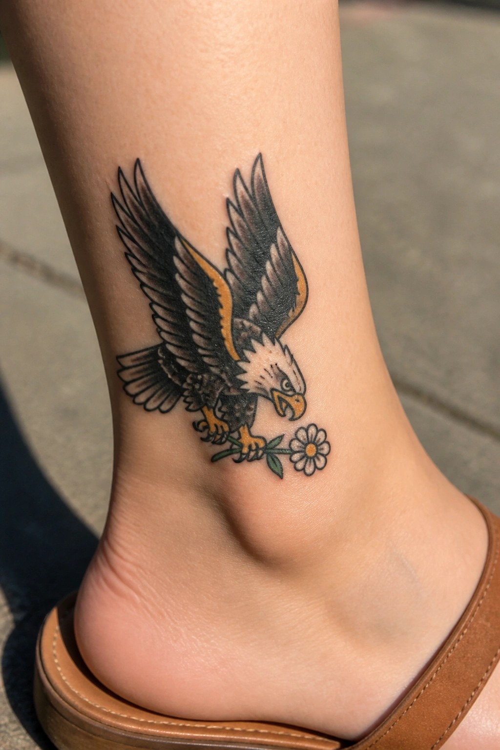 Traditional eagle tattoo with yellow accents holding daisy on ankle above brown sandal