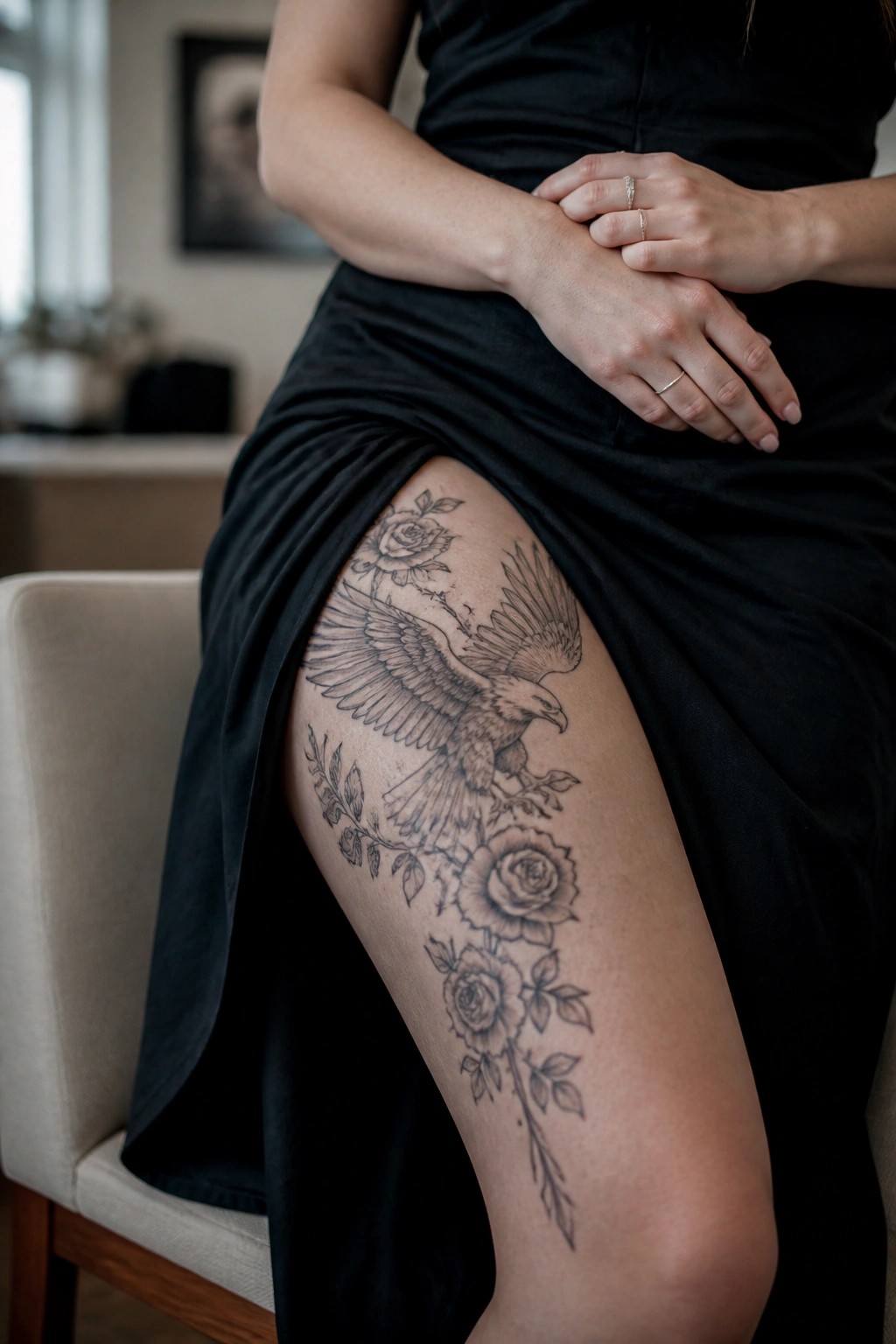 Woman in black dress with thigh slit revealing eagle and rose tattoo, hands clasped.