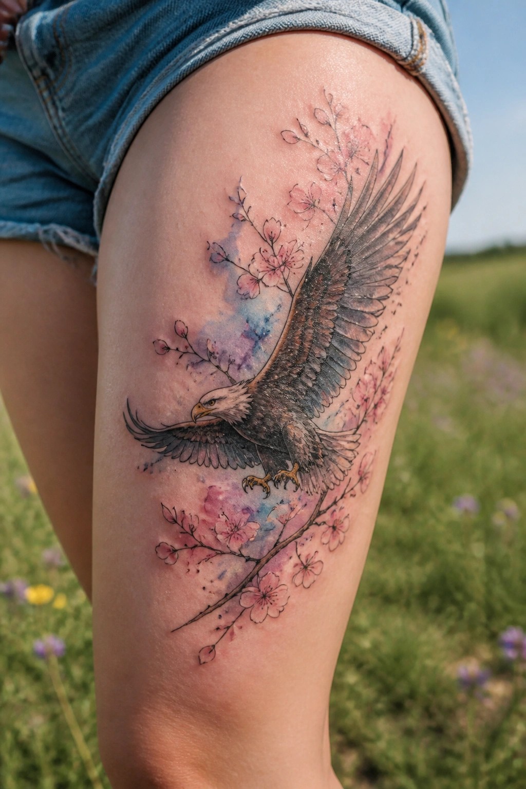 Realistic eagle tattoo in flight with pink cherry blossoms and watercolor background on a woman's upper thigh.